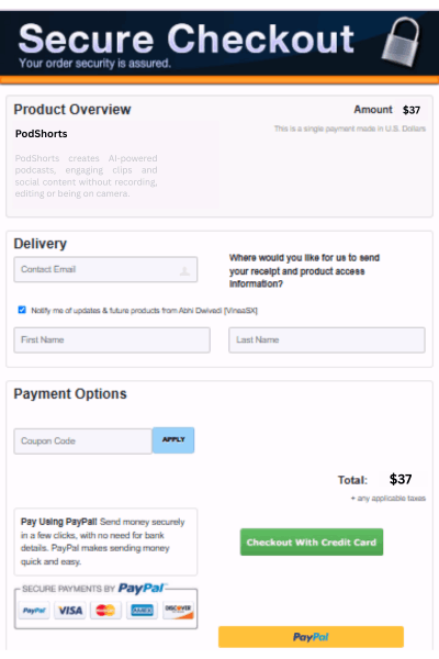 PodShorts checkout page